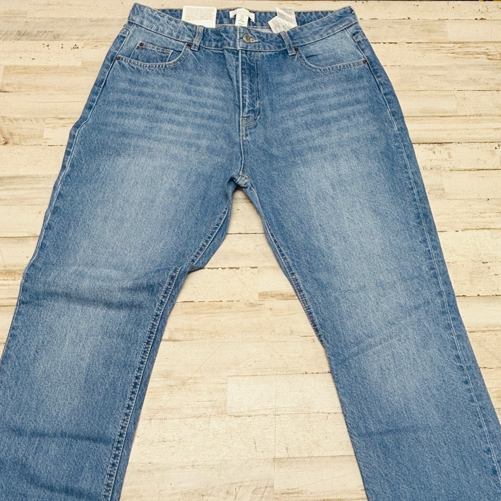 H&M Women’s Blue Denim Jeans Size 14 Split Hem 90’s Straight Regular Waist